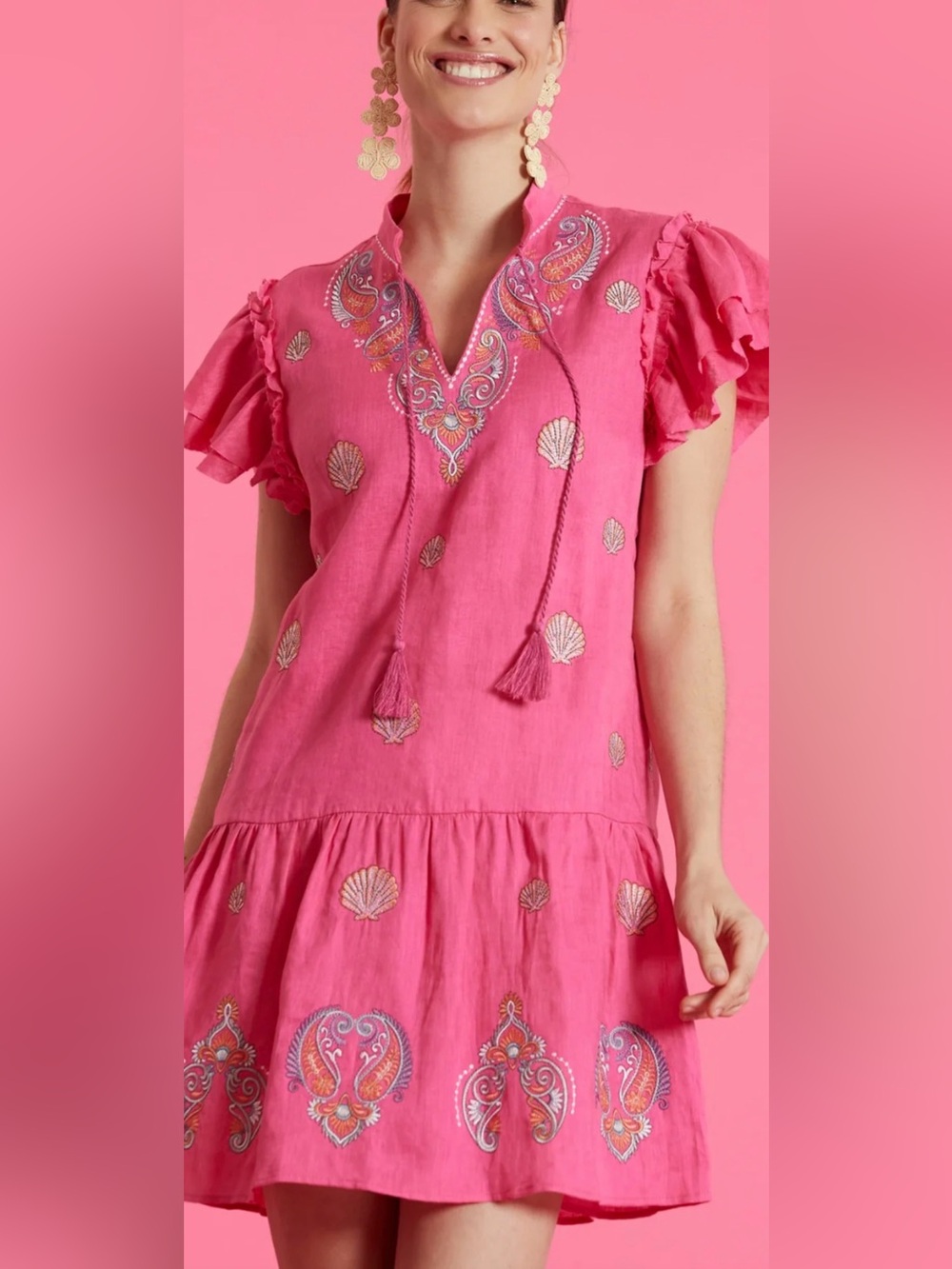 Tyler Boe Niki Coral Embroidered Ruffle Sleeve Mini Dress
